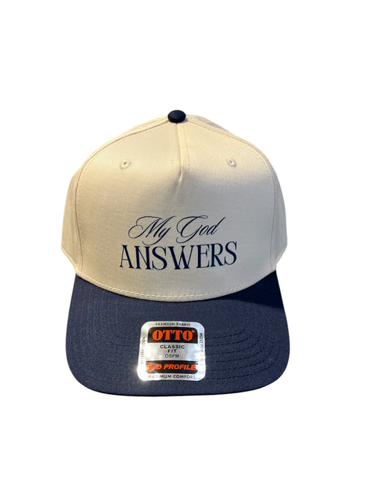 My God Answers Navy Blue Bill Trucker Hat